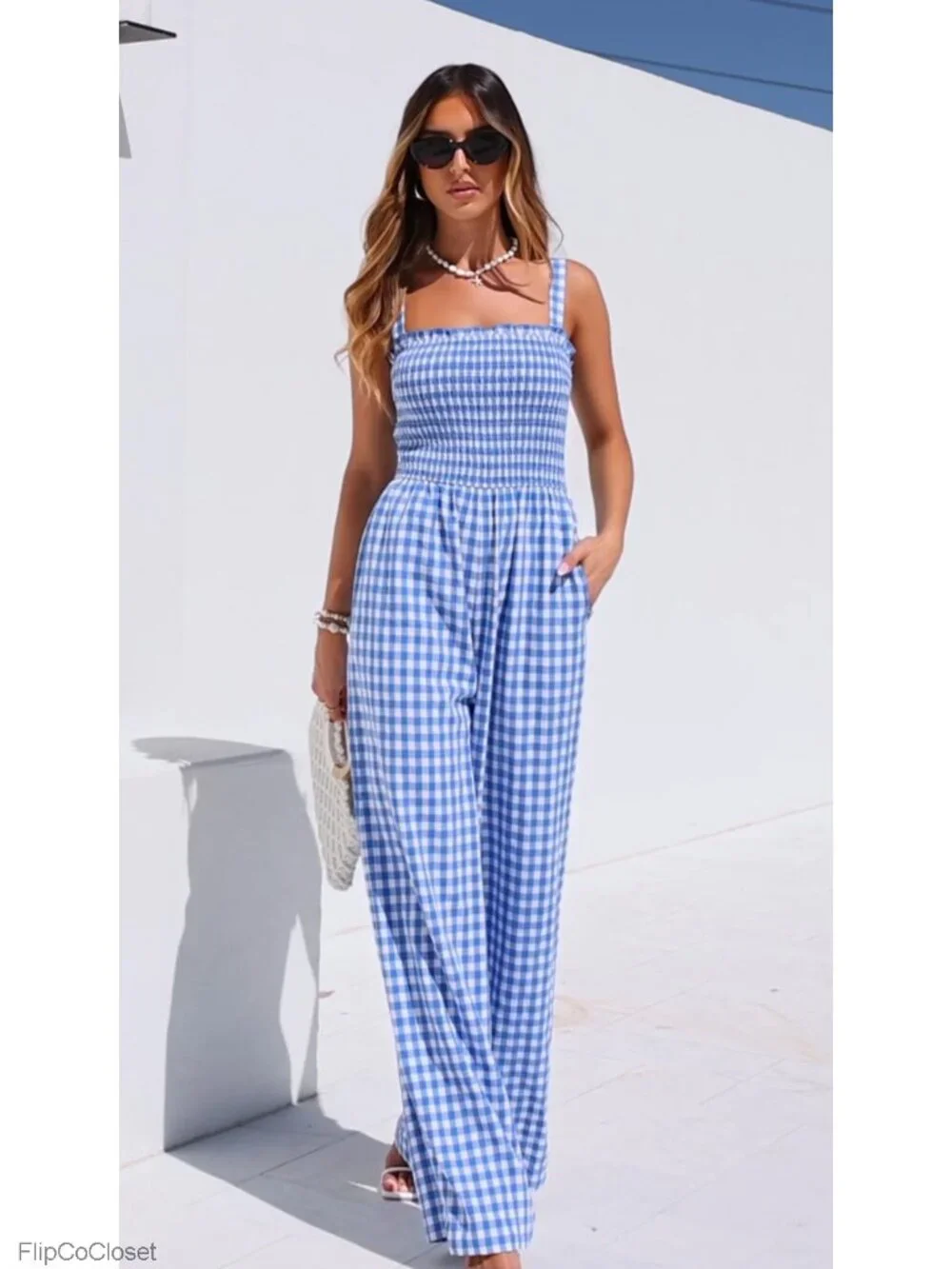 Womens Jumpsuit Summer Wide Leg Gingham Romper Square Neck Sleeveless Smocked
